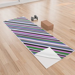 [ Thumbnail: Violet, Forest Green, Slate Blue, White & Black Colored Pattern of Stripes Yoga Towel ]