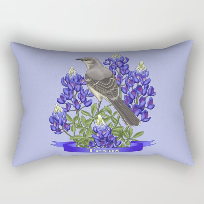 Texas State Mockingbird and Bluebonnet Flower Rectangular Pillow