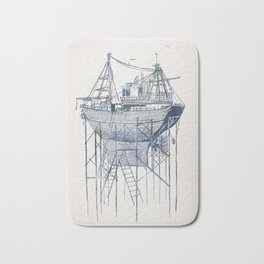Dry Dock II Bath Mat | Sea, Illustration, Structure, Detailed, Texture, Blue, Navy, Water, Watercolour, Boat 