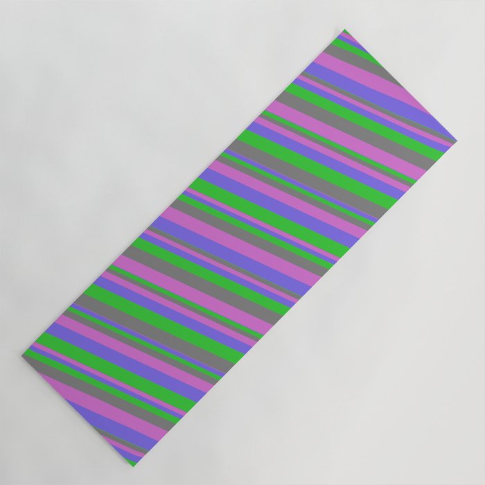 Medium Slate Blue, Lime Green, Gray, and Orchid Colored Lined Pattern Yoga Mat