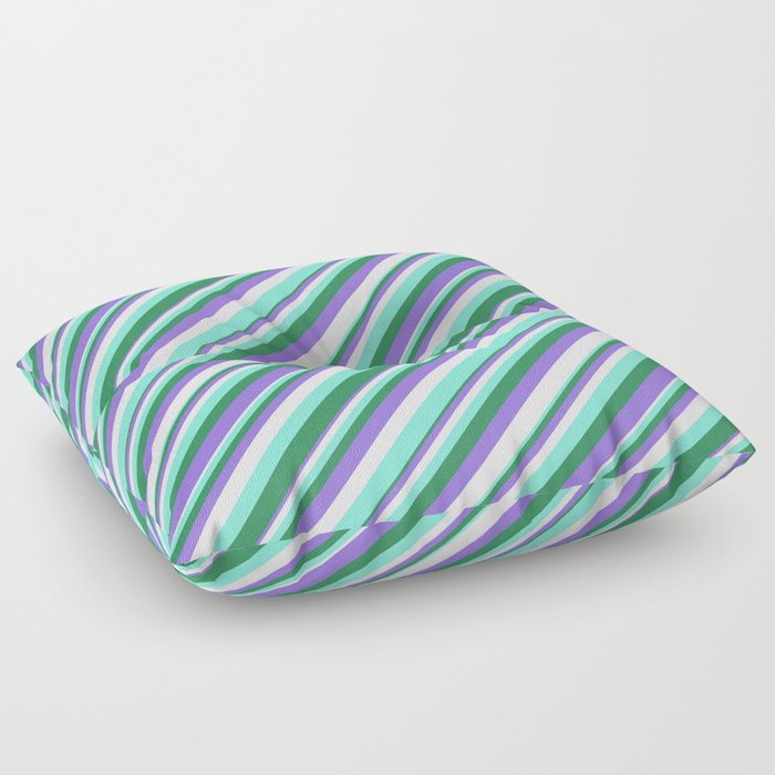 Purple, Mint Cream, Aquamarine & Sea Green Colored Striped Pattern Floor Pillow