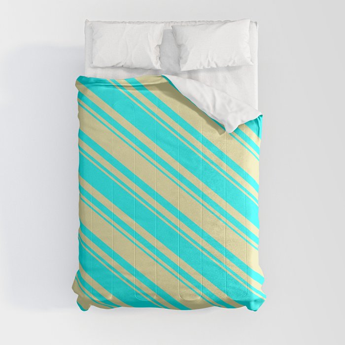 Pale Goldenrod and Cyan Colored Striped/Lined Pattern Comforter