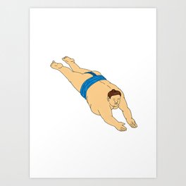 Japanese Sumo Wrestler Diving Drawing Art Print | Wrestler, Graphicdesign, Diving, Dive, Male, Japanese, Sumo, Fat, Asian 