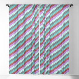 [ Thumbnail: Eyecatching Orchid, Turquoise, Dark Slate Gray, Light Sea Green & Maroon Colored Stripes Pattern Sheer Curtain ]
