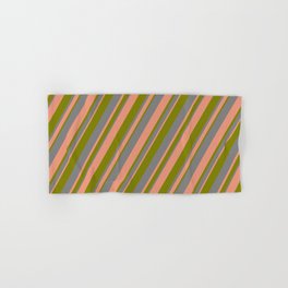 [ Thumbnail: Grey, Dark Salmon & Green Colored Stripes/Lines Pattern Hand & Bath Towel ]