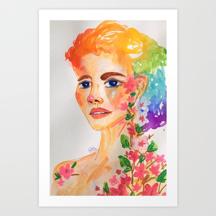 Acrylic And Watercolor Girl With Flowers On Her Neck Painting By