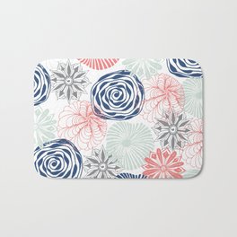 Floral Pattern in Coral Red, Navy Blue and Aqua Bath Mat