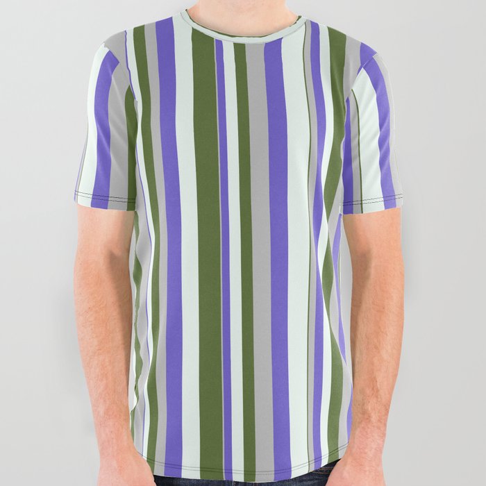 Grey, Slate Blue, Mint Cream & Dark Olive Green Colored Stripes/Lines Pattern All Over Graphic Tee