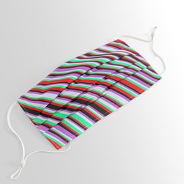 [ Thumbnail: Lavender, Green, Red, Black & Orchid Colored Lines/Stripes Pattern Face Mask ]