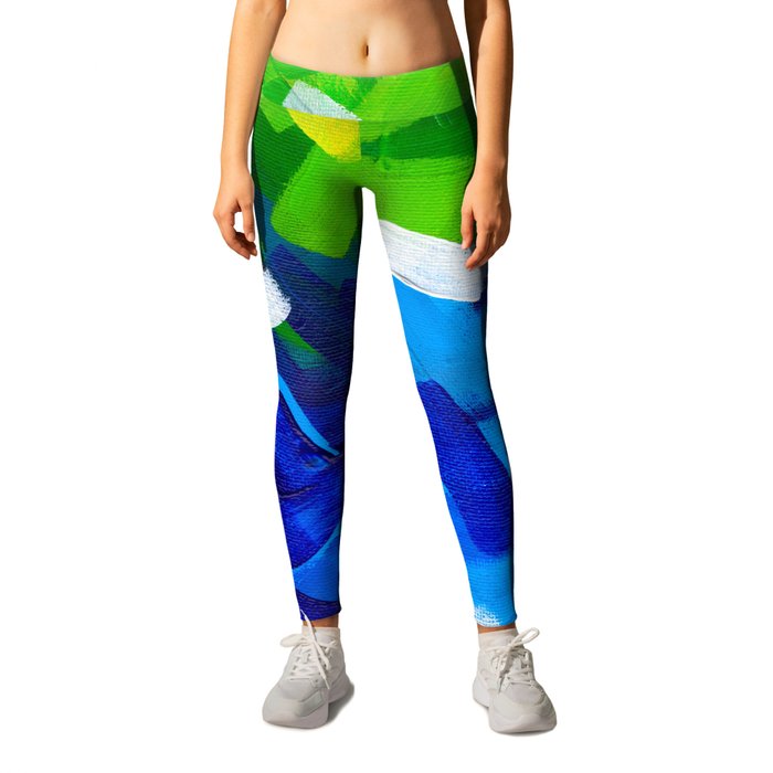 Messy Stripes Abstract Acrylic Painting Layers Of Colorful Green Blue Yellow Paint Leggings