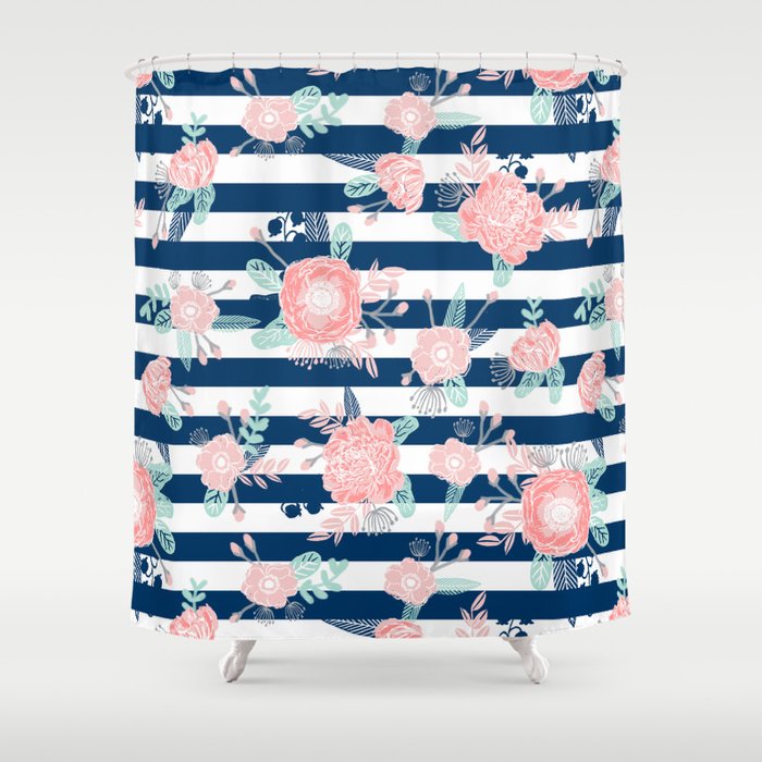 Florals Bouquet Navy Stripe Modern Classic Pattern Print Nautical