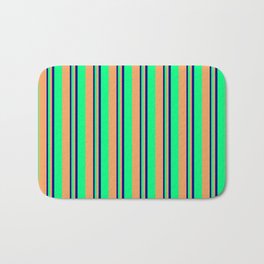 [ Thumbnail: Blue, Green & Brown Colored Lines/Stripes Pattern Bath Mat ]