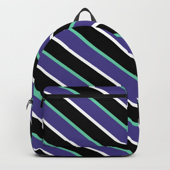 Aquamarine, Dark Slate Blue, White, and Black Colored Striped/Lined Pattern Backpack