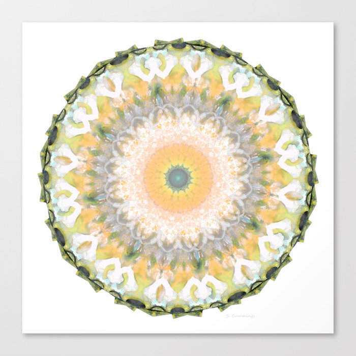 White Lily Mandala - Peach And Green Art Canvas Print