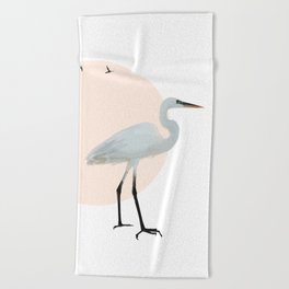 Heron, birds and pink sun Beach Towel