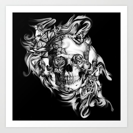 Butterfly smoke skull on black base. Art Print
