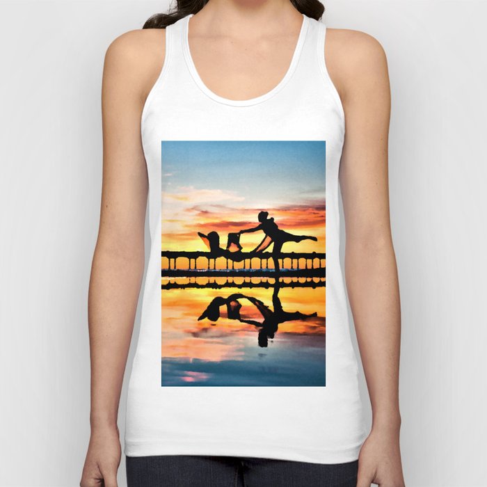 Dancer on Beach Reflection Sunset Digital Oil Painting Tank Top