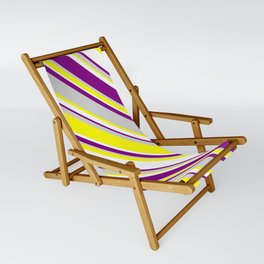 [ Thumbnail: White, Purple, Light Gray & Yellow Colored Lines Pattern Sling Chair ]