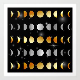 Celestial Moon phases and stars in silver and gold Art Print