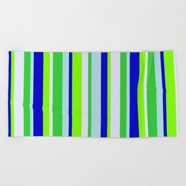 [ Thumbnail: Colorful Powder Blue, Blue, Chartreuse, Lavender & Lime Green Colored Lines Pattern Beach Towel ]
