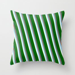 [ Thumbnail: Eyecatching Blue, Sienna, Sky Blue, Mint Cream & Dark Green Colored Stripes/Lines Pattern Throw Pillow ]
