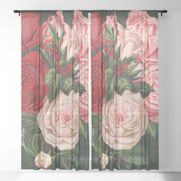 Vintage crimson red and pink roses garden on dark royal green Sheer Curtain