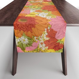 Seamless floral pattern 70s. Autumn flowers and butterflies. Warm colors.  Table Runner