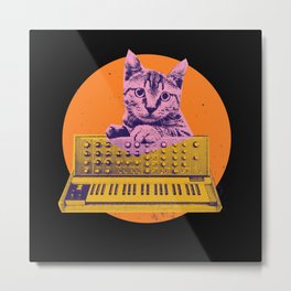 Retro Cat playing on Synth Metal Print