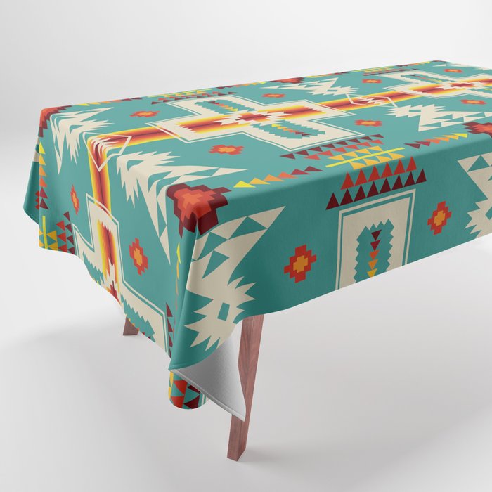 Tribal Cross Camp Fire Turquoise Based Blanket Pattern Tablecloth