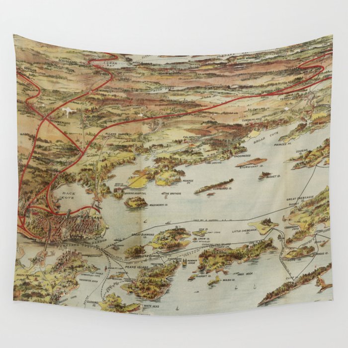 Vintage Pictorial Map of Portland Maine (1906) Wall Tapestry by 