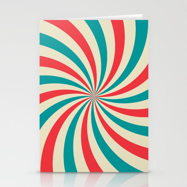 Retro background with curved, rays or stripes in the center. Rotating, spiral stripes. Sunburst or sun burst retro background. Turquoise and red colors. Vintage illustration Stationery Cards