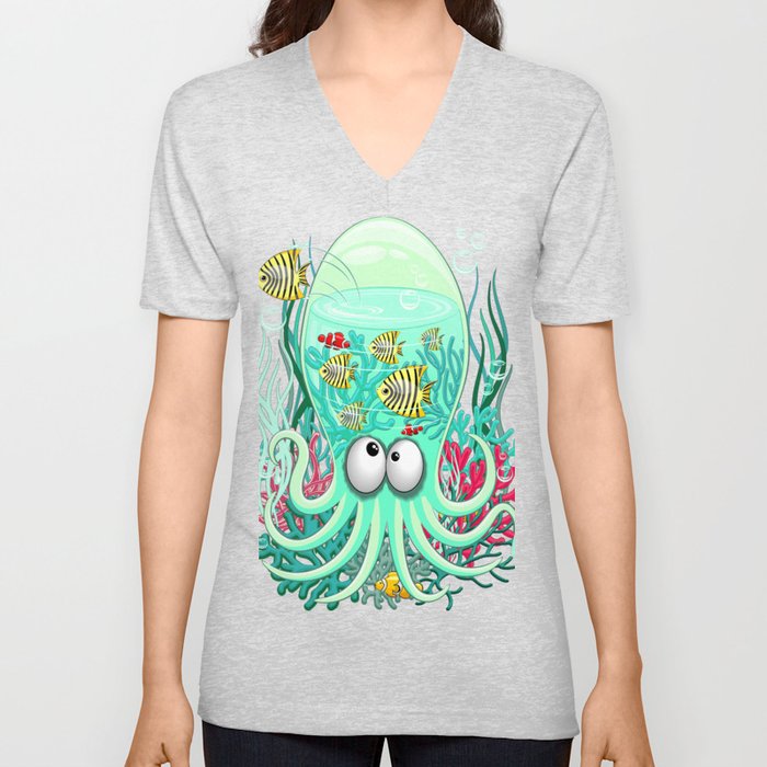 Octopus Silly Funny Character on Coral Reef Pattern V Neck T Shirt