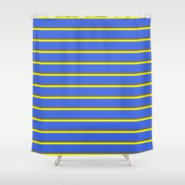 [ Thumbnail: Royal Blue, Dim Grey & Yellow Colored Lines Pattern Shower Curtain ]