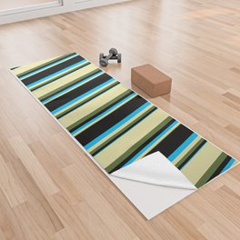 [ Thumbnail: Dark Olive Green, Pale Goldenrod, Deep Sky Blue, and Black Colored Pattern of Stripes Yoga Towel ]