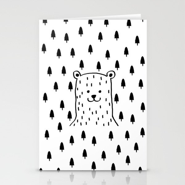 Minimalist bear with trees black and white Stationery Cards