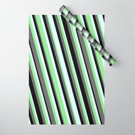 [ Thumbnail: Dim Grey, Black, Light Cyan, and Light Green Colored Striped Pattern Wrapping Paper ]