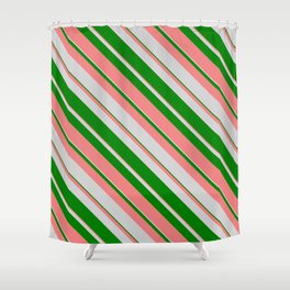 [ Thumbnail: Light Grey, Green & Light Coral Colored Lines/Stripes Pattern Shower Curtain ]