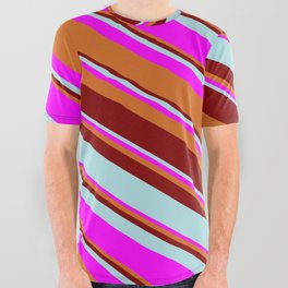[ Thumbnail: Maroon, Powder Blue, Fuchsia, and Chocolate Colored Pattern of Stripes All Over Graphic Tee ]