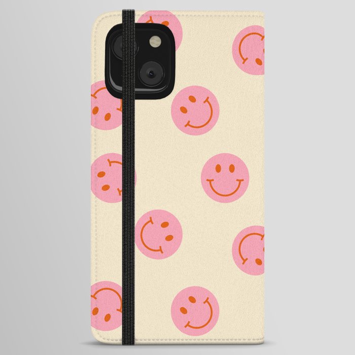 70s Retro Smiley Face Pattern in Beige & Pink iPhone Wallet Case