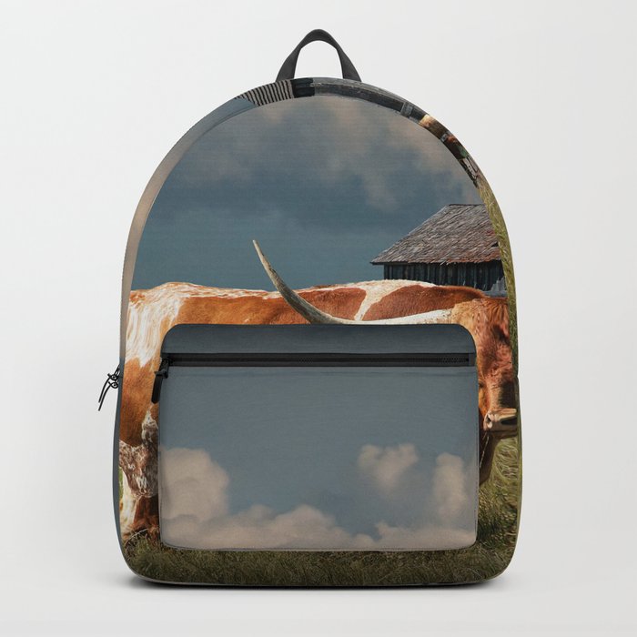 Longhorn Steer in a Prairie pasture by 1880 Town with Windmill and Old Gray Wooden Barn Backpack