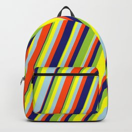 [ Thumbnail: Eye-catching Green, Yellow, Light Blue, Red & Midnight Blue Colored Lines/Stripes Pattern Backpack ]