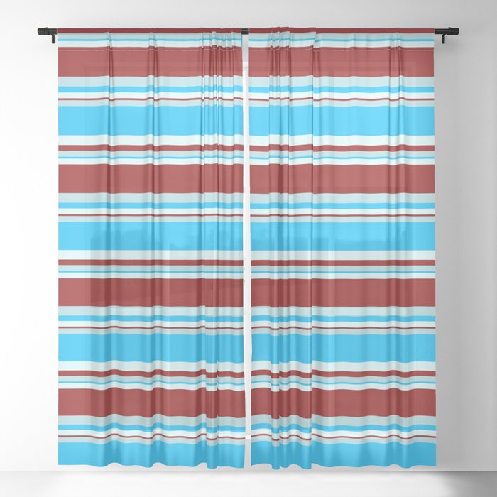 Powder Blue, Deep Sky Blue, Light Cyan & Dark Red Colored Stripes Pattern Sheer Curtain