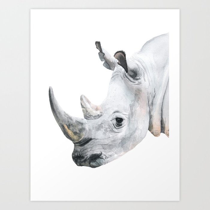 Watercolor Rhino Handpainted African Animal Art Rhinoseros Painting Safari Animals Big Five Portrait Art Print
