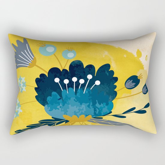 Yellow Acuarela Blue Flower Rectangular Pillow