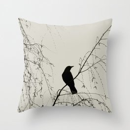 Crow in the Willow - Graphic Birds Series, Plain - Modern Home Decor Throw Pillow | Crowsandravens, Bird, Quiet, Contemporary, Cutout, Sitting, Crowseries, Crow, Perching, Birds 