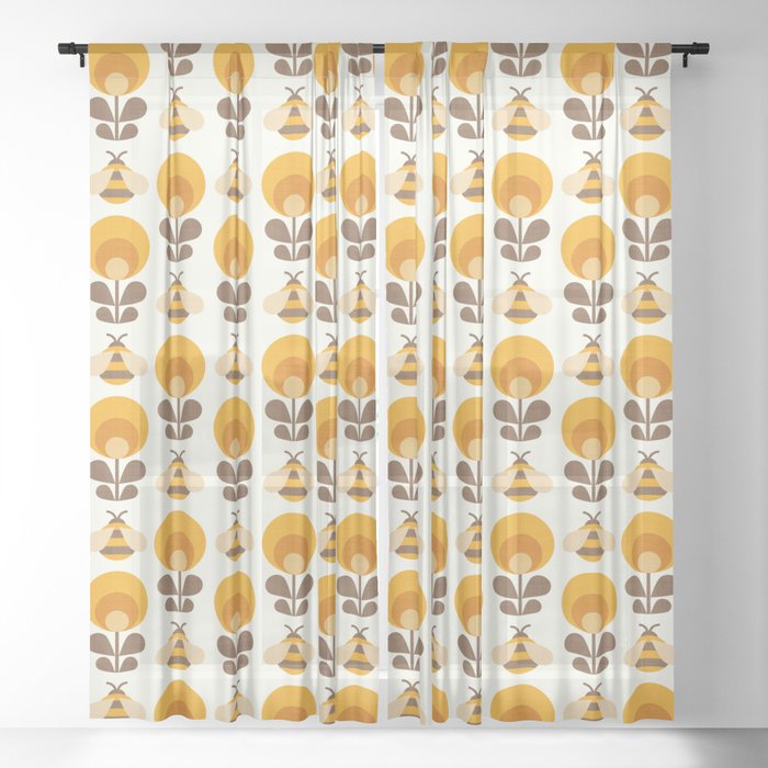 70s Bees and Flowers White Sheer Curtain