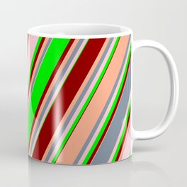 [ Thumbnail: Eye-catching Slate Gray, Pink, Lime, Maroon & Light Salmon Colored Striped Pattern Coffee Mug ]