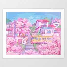 Tokyo, train and pink cherry blossom Art Print