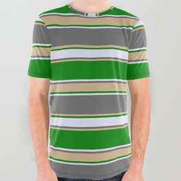 [ Thumbnail: Dim Gray, Tan, Green & Lavender Colored Pattern of Stripes All Over Graphic Tee ]