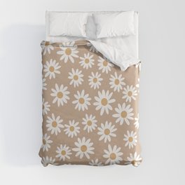 Daisies - daisy floral repeat, daisy flowers, 70s, retro, black, daisy florals camel brown Duvet Cover